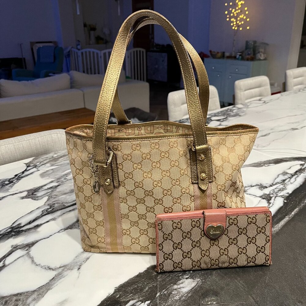 Gucci Purse + Wallet Set: Monogram Jolicoeur Pink Gold Tote & Heart Clasp Wallet